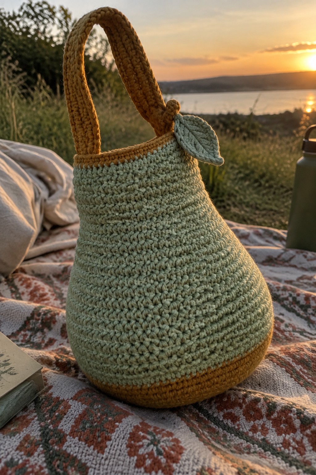 Sage green crocheted pear bag on patterned blanket at sunset by water