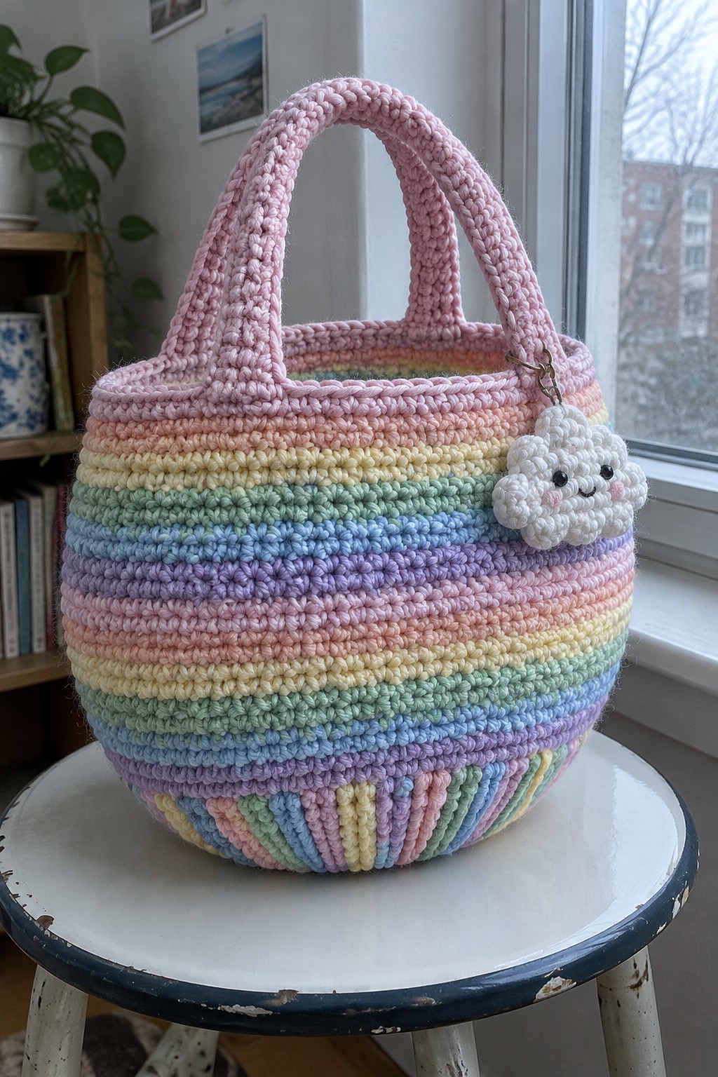 Rainbow crocheted basket with pink handle and cloud charm on white stool