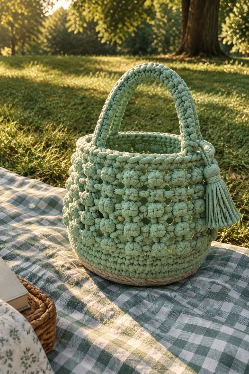 Mint green crocheted basket with tassel on checkered picnic blanket in park.