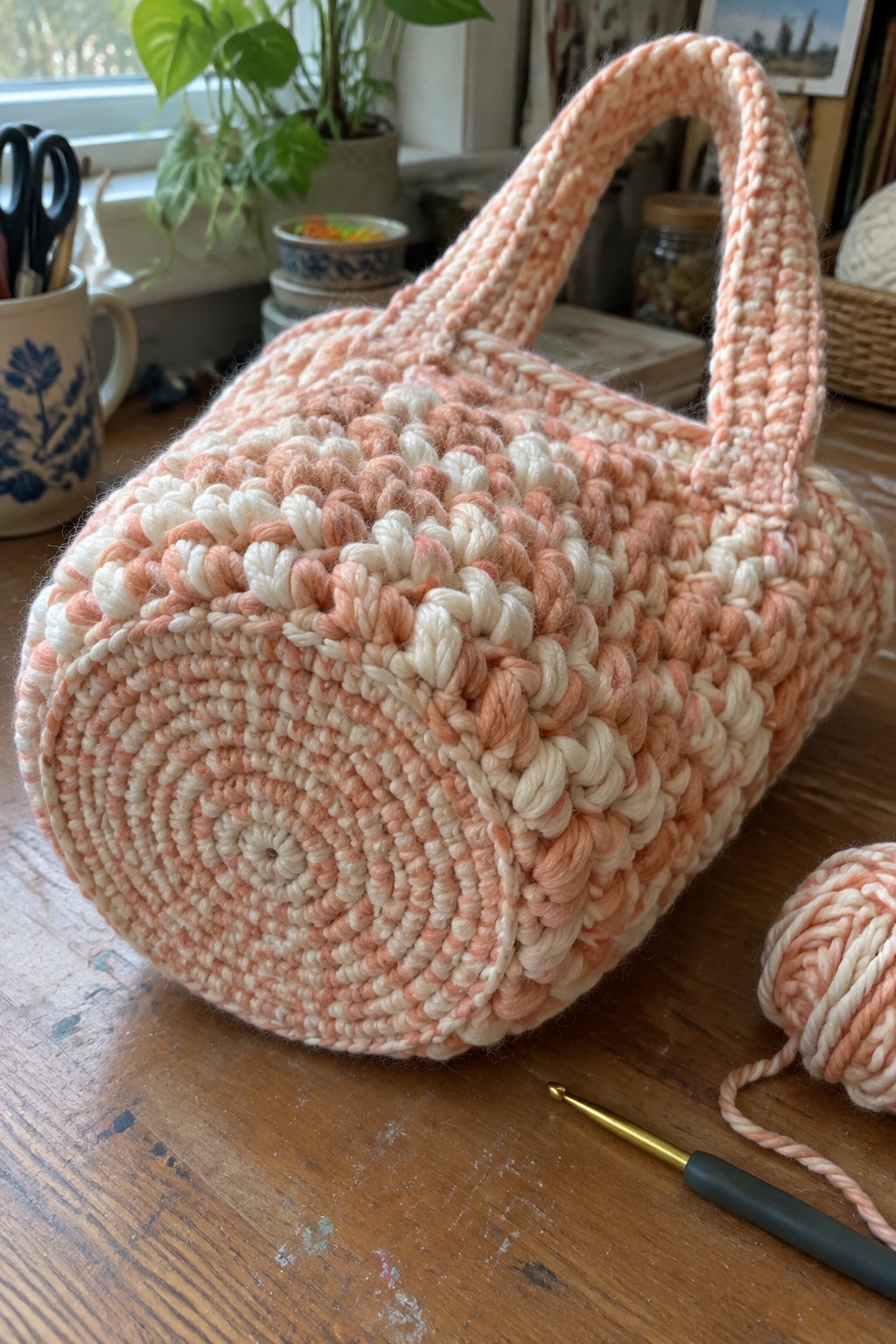 Peach and white crocheted bag with spiral pattern on wooden table beside hook and yarn
