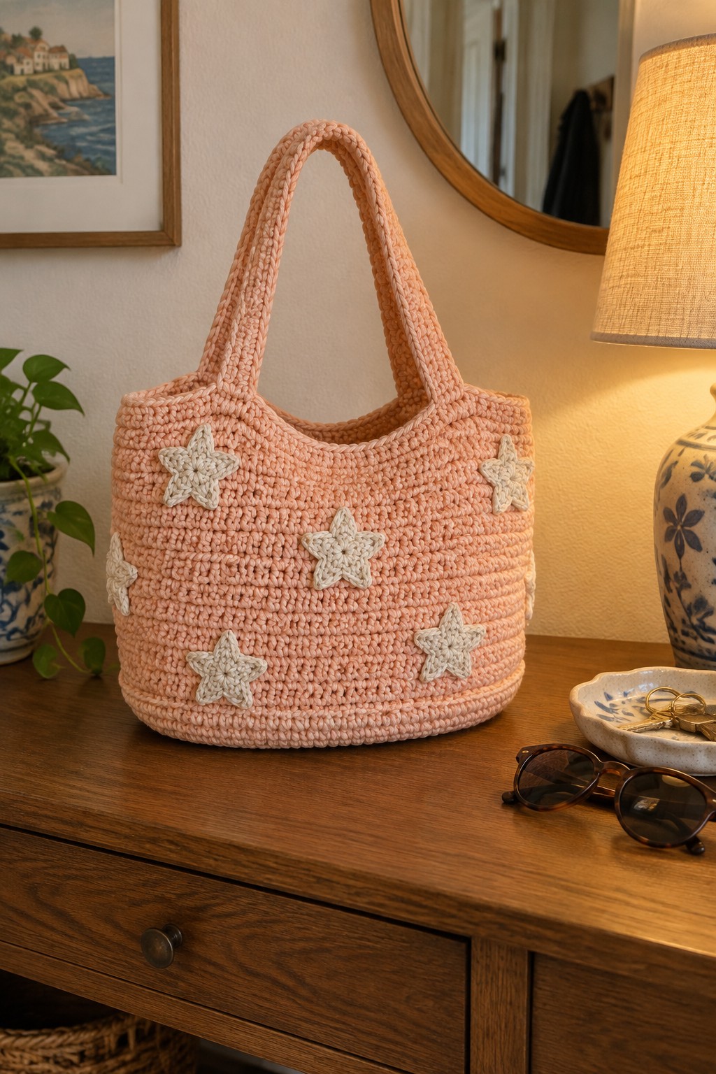 Pink crocheted handbag with white stars on wooden table beside lamp and sunglasses
