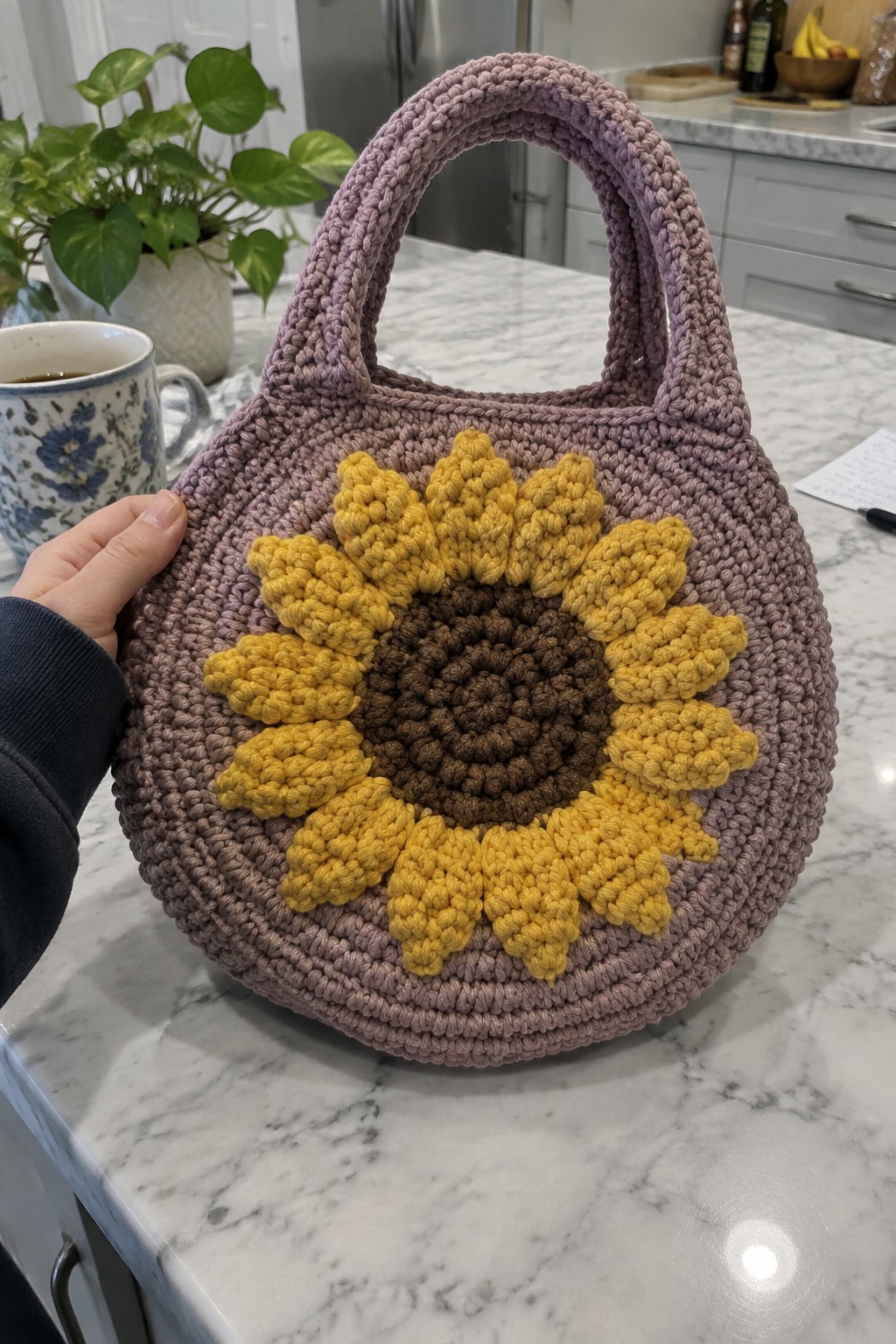 Hand holding round lavender crocheted sunflower bag on marble kitchen counter