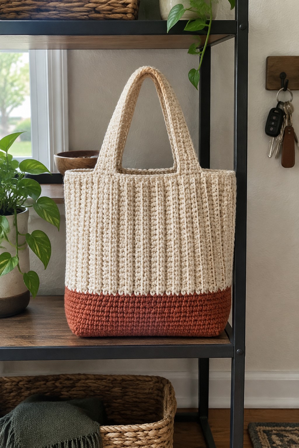 A two-tone crocheted tote bag with a cream upper half and rust lower half sits on a wooden shelf next to a potted plant.