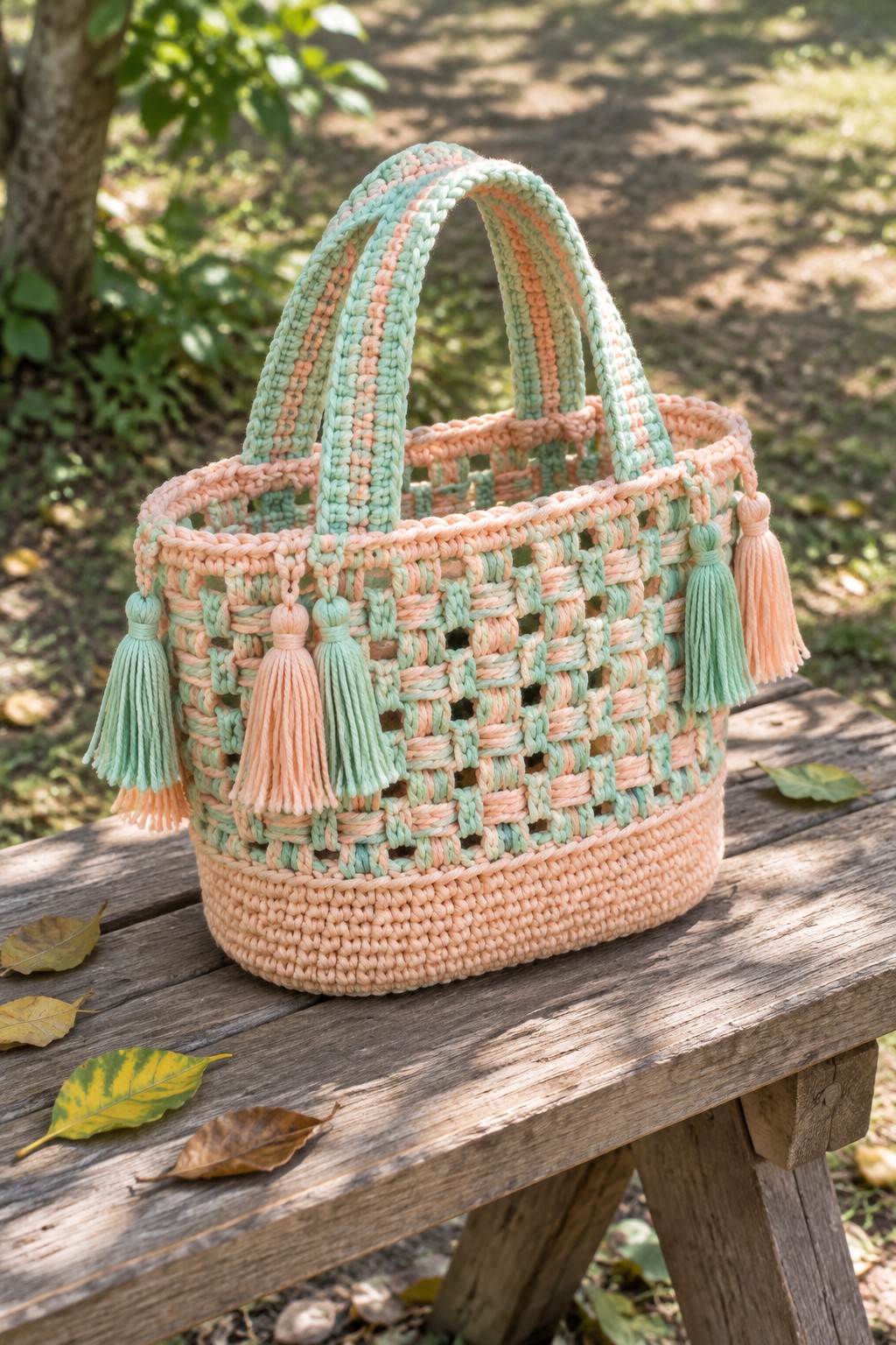 Crocheted basket bag in peach and mint yarn with striped handles and tassels resting on a wooden bench.