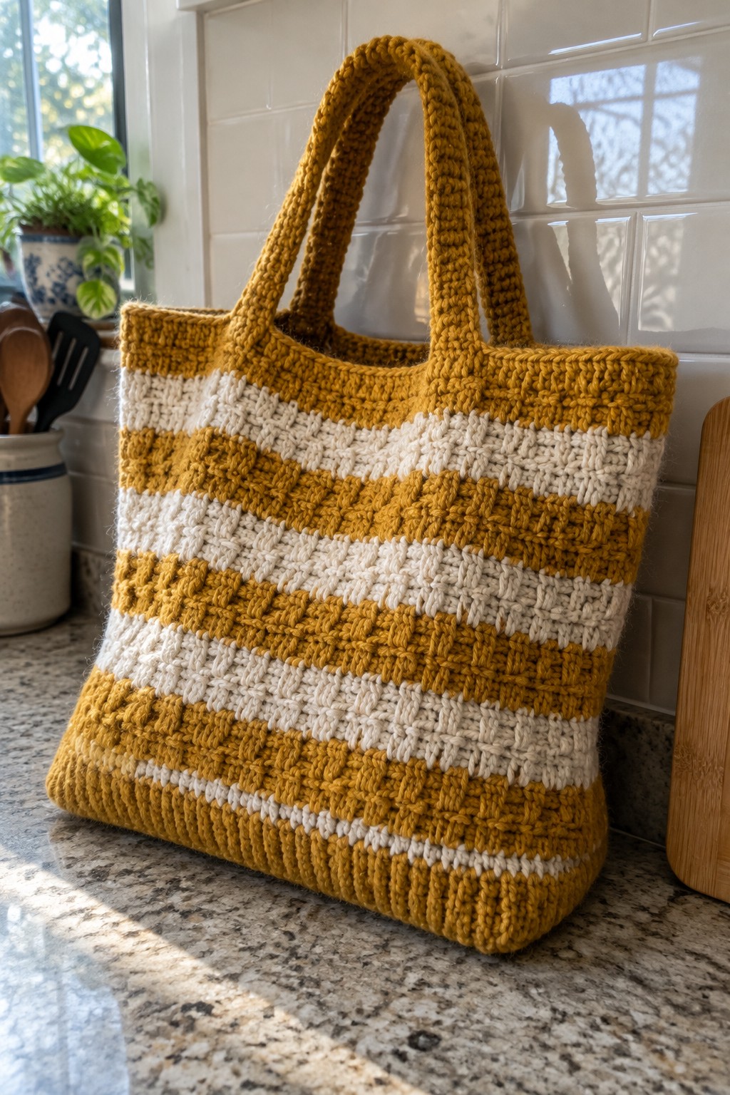 Crocheted tote bag with yellow and white stripes on kitchen countertop.