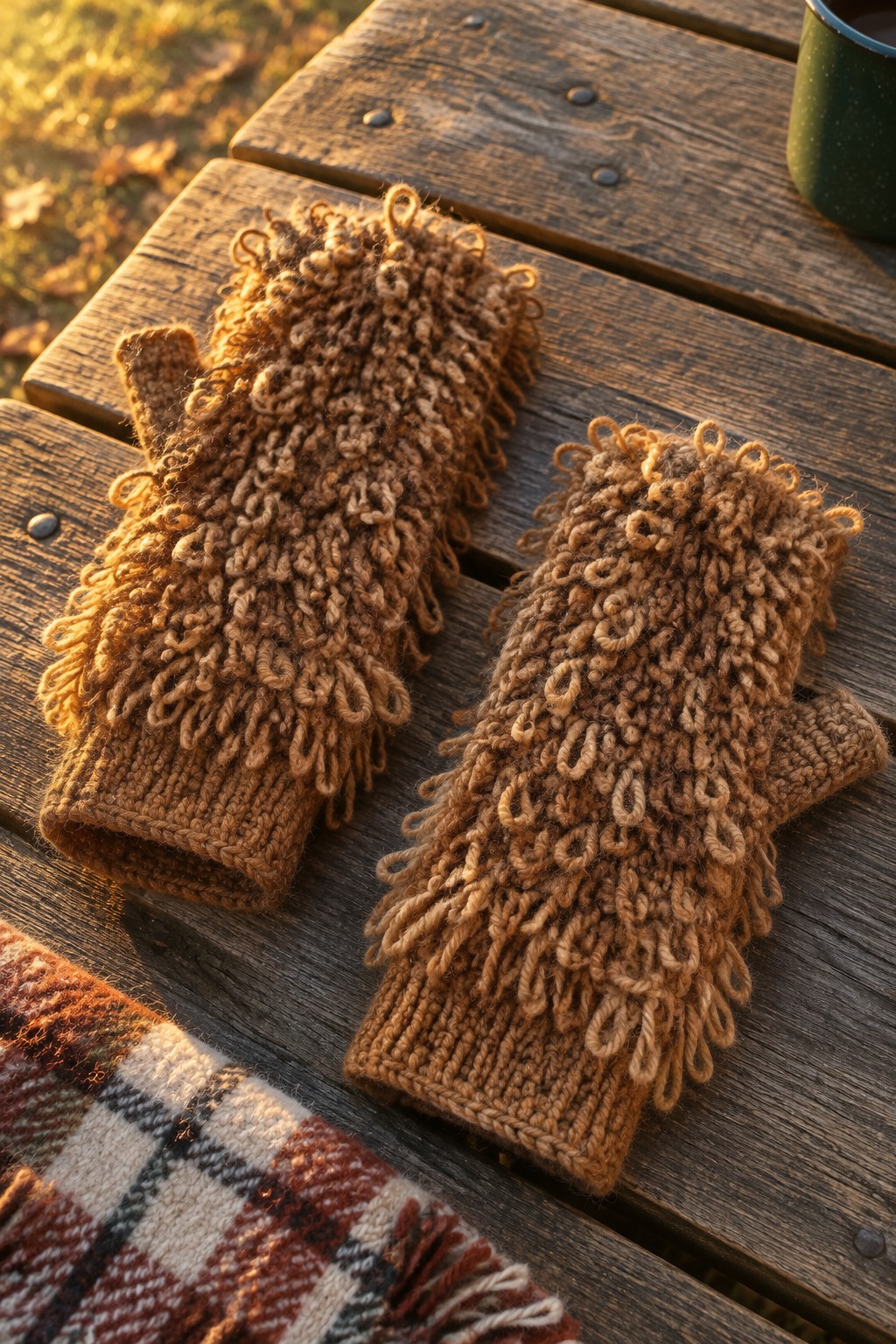 Fuzzy brown shaggy knitted mittens on wooden table with plaid blanket