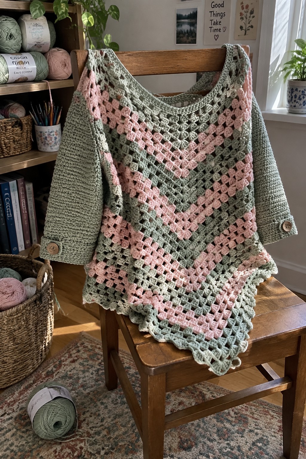 Sage green and pink granny square crochet sweater draped over wooden chair
