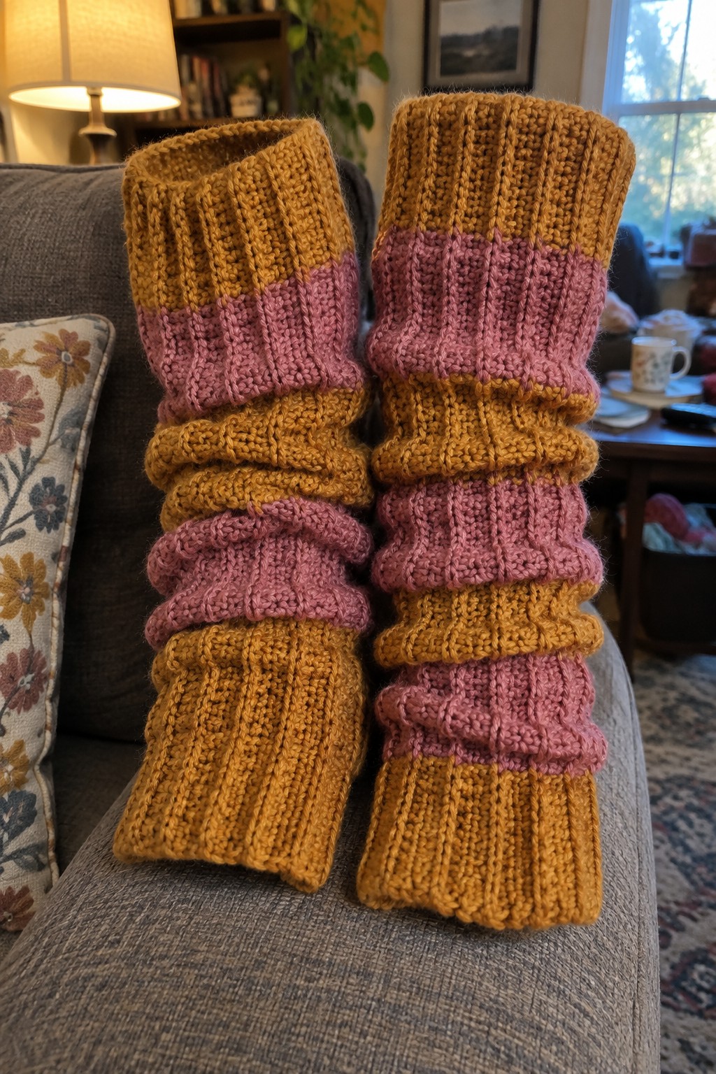 Pair of ribbed knitted leg warmers in mustard yellow and pink stripes on couch