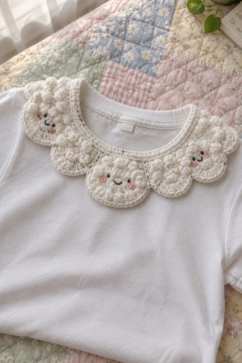 White t-shirt with crocheted bear collar on pastel patchwork quilt.