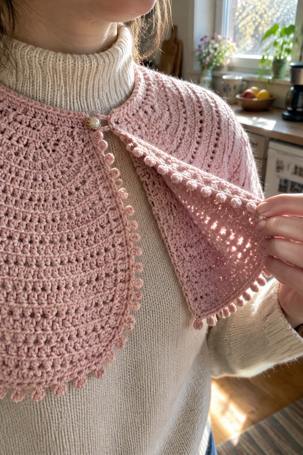 Close-up of a pink crocheted collar with bobble edging layered over a cream turtleneck sweater and fastened with a pearl button.
