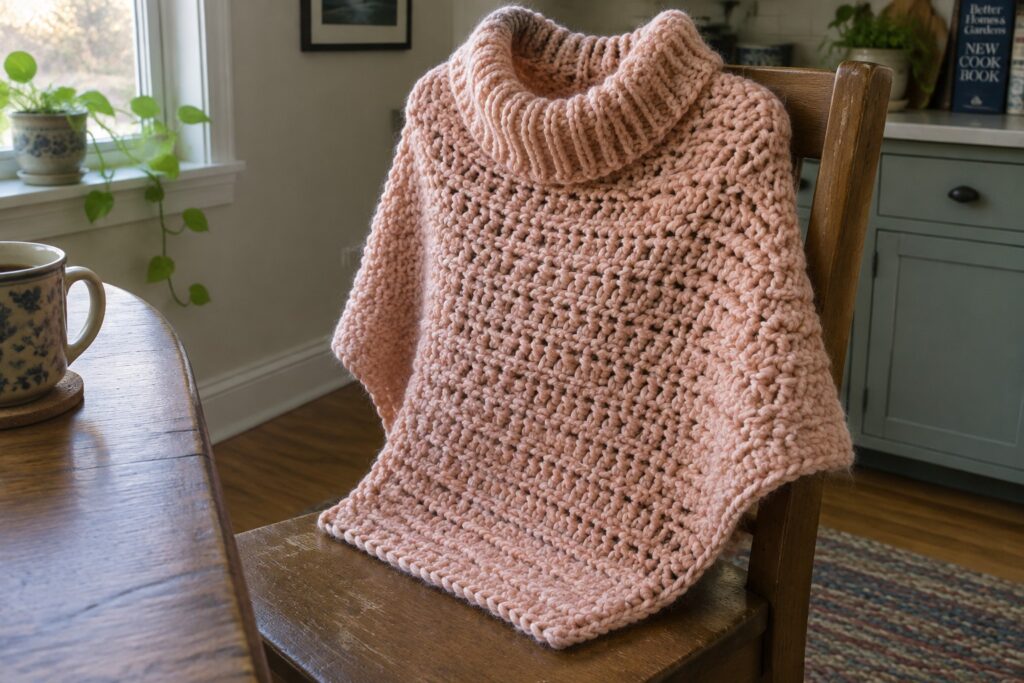 19 Warm Winter Crochet Clothing Ideas Featuring Layered Garments Light pink chunky knit poncho with cowl neck on wooden chair.