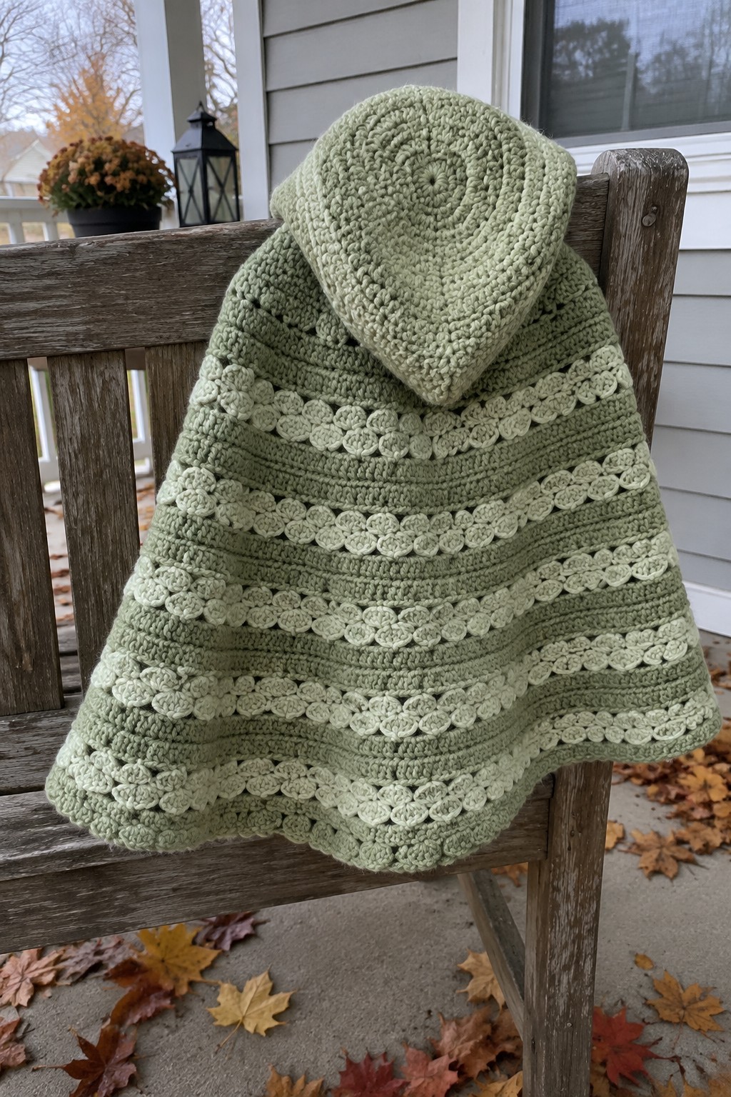 Sage green crocheted hooded poncho draped over wooden bench amid autumn leaves