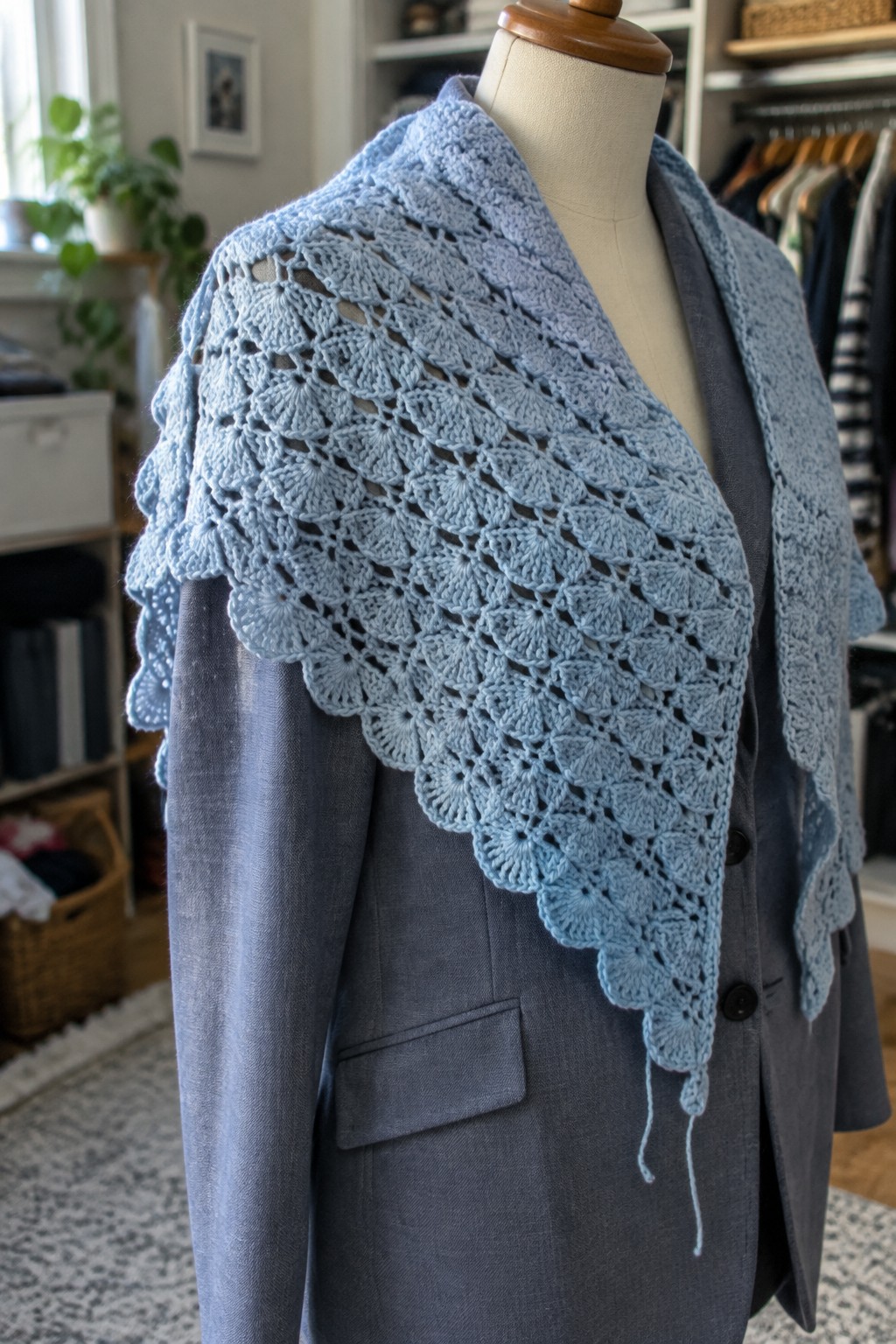Mannequin in gray blazer with light blue crocheted lace shawl