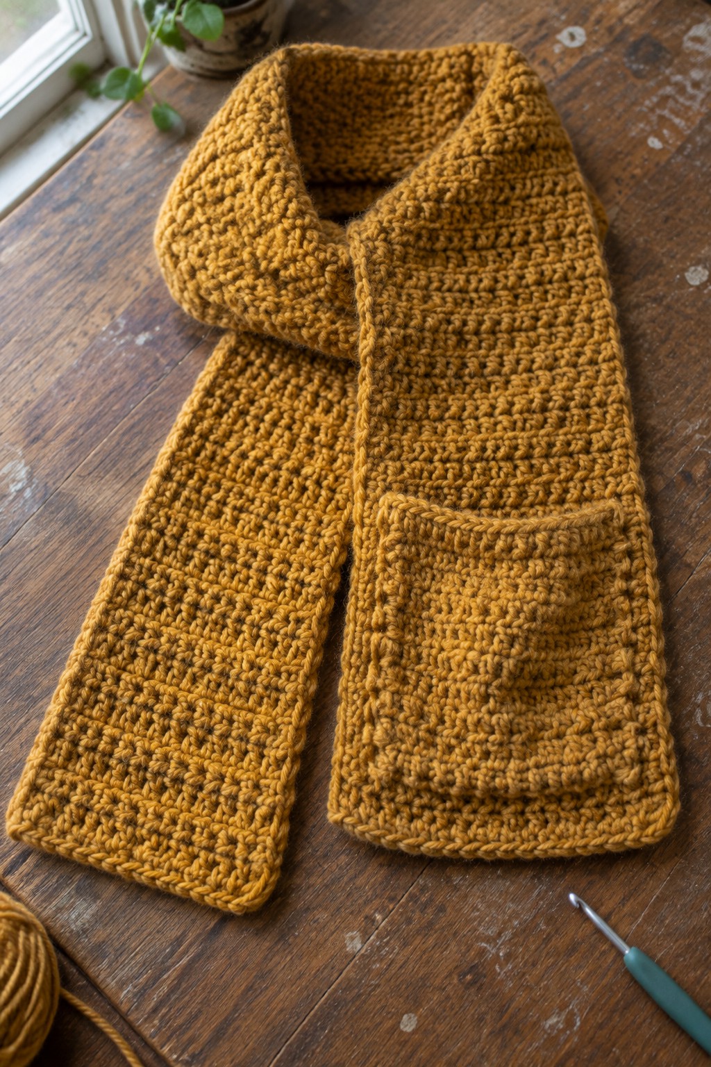 Mustard-yellow crocheted scarf with pocket on wooden table beside yarn and hook.