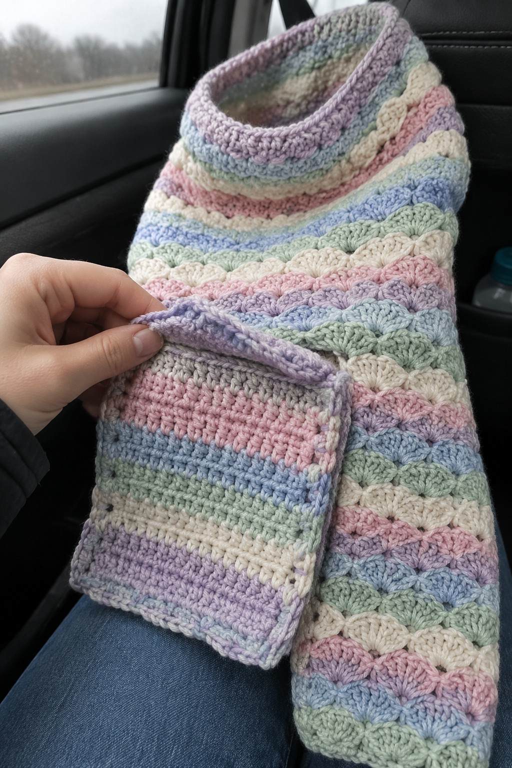 Hand holding pastel-striped crocheted pocket scarf on lap inside car