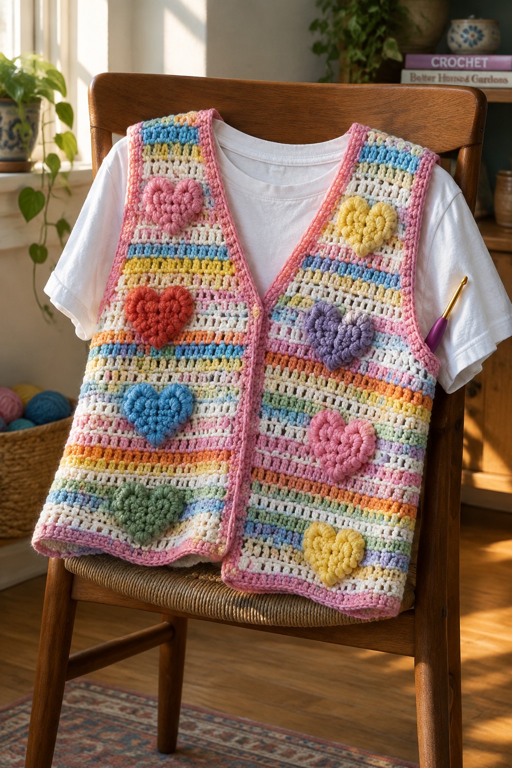 Rainbow crochet vest with colorful hearts and hook on wooden chair