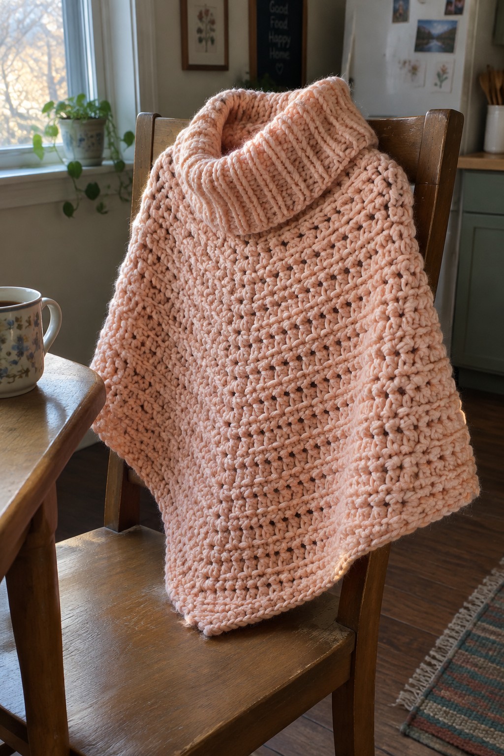 Light pink chunky knit poncho with cowl neck on wooden chair.