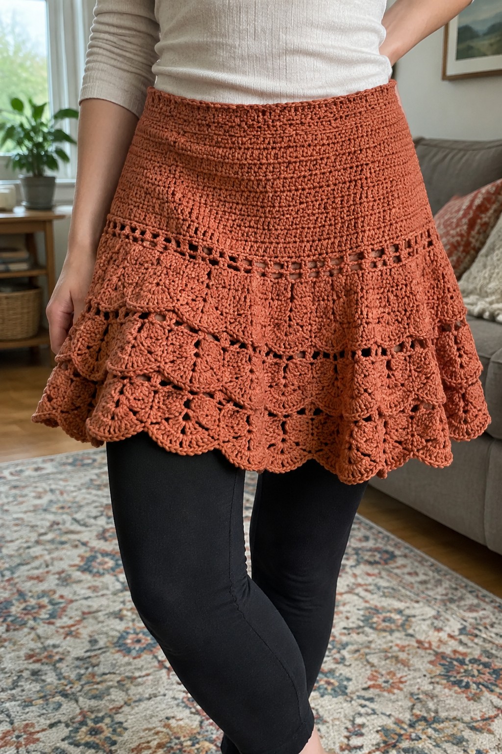 Rust-orange crocheted skirt with lace tiers and scalloped hem over black leggings