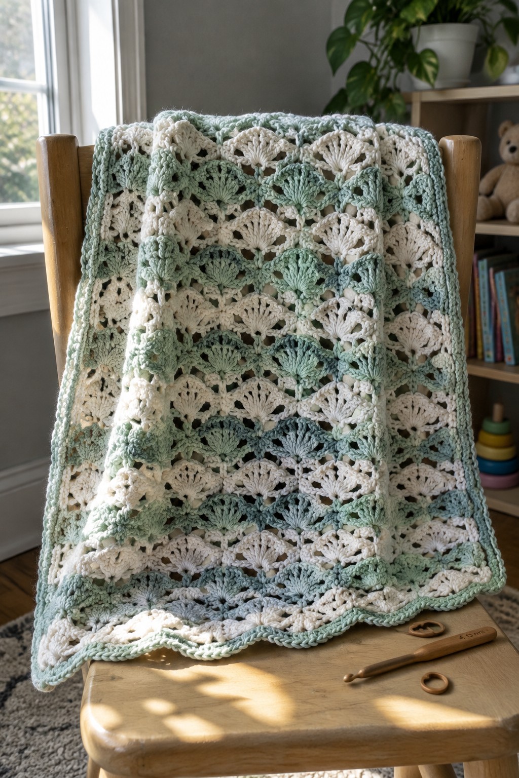 Crocheted blanket in mint green and white draped over wooden chair with hook