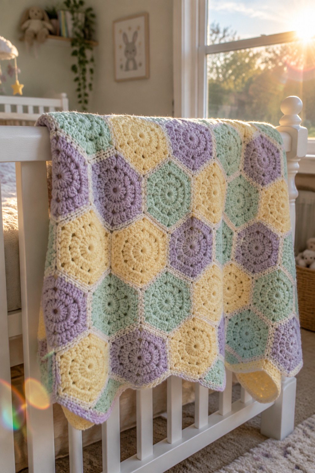 A crocheted baby blanket made of pastel yellow, mint, lavender, and white hexagon motifs draped over a white crib.