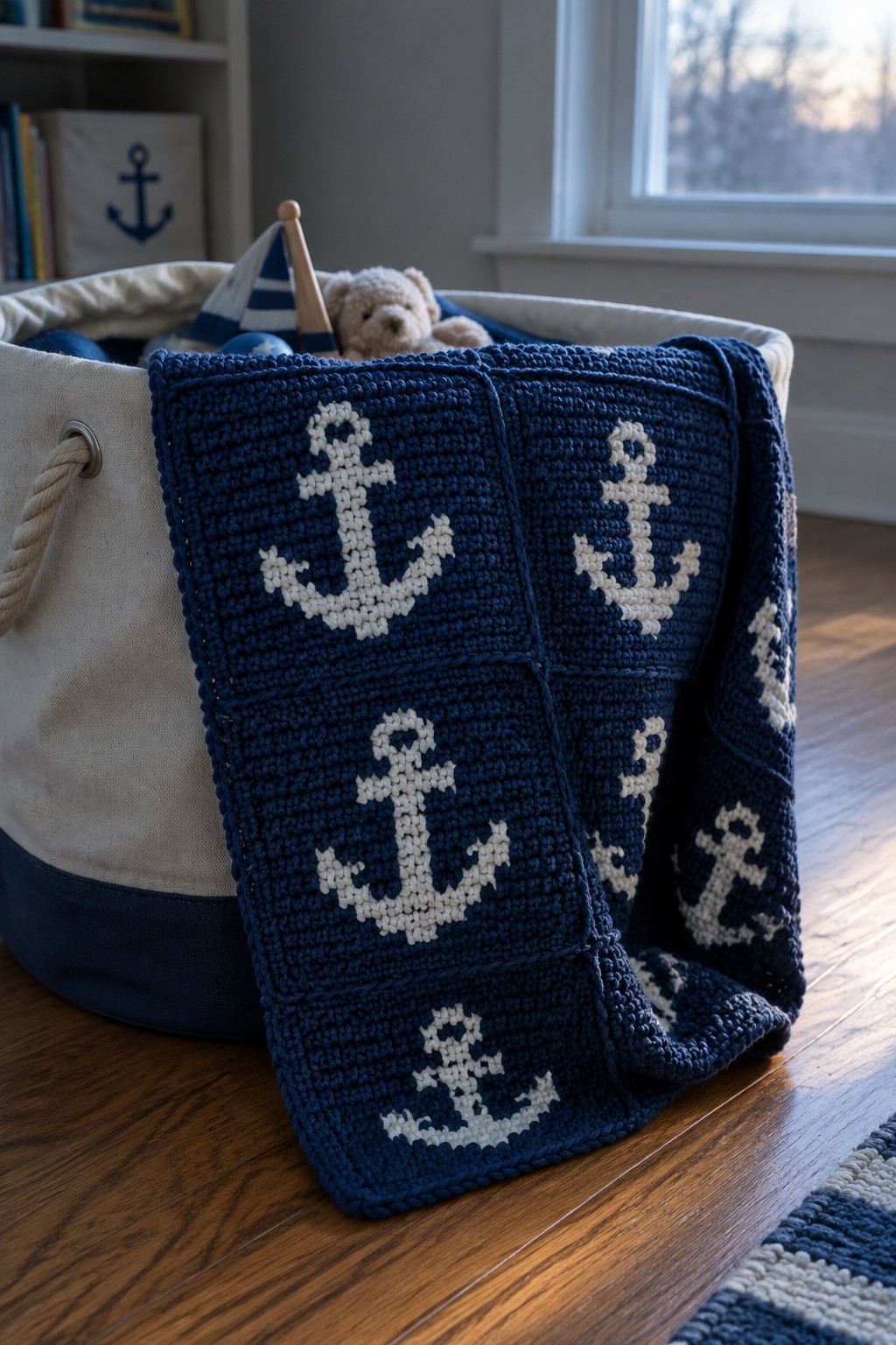 Navy blue crocheted blanket with white anchors draped over toy-filled storage bin