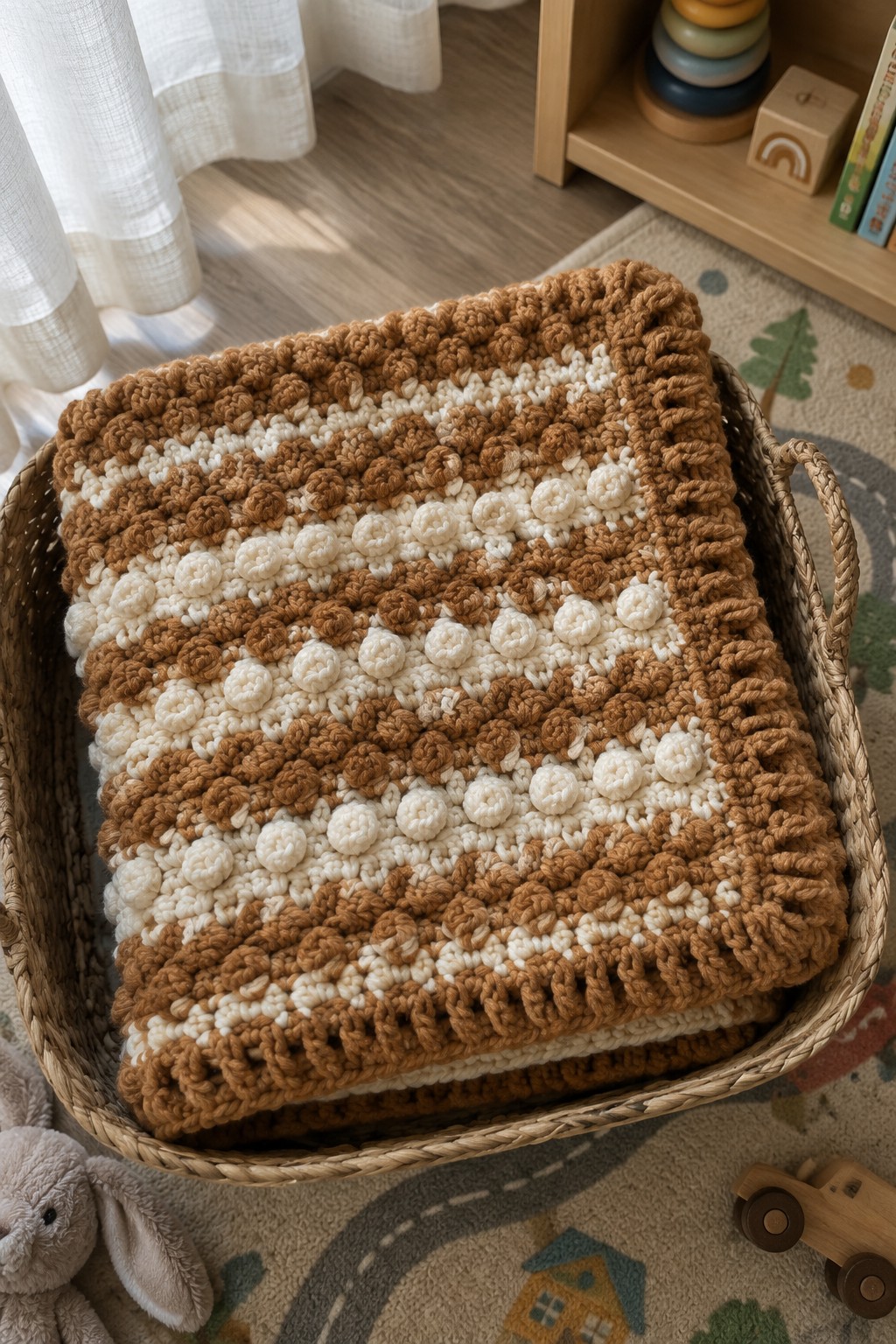 Brown and cream bobble crochet blanket in woven basket on playroom rug with toys