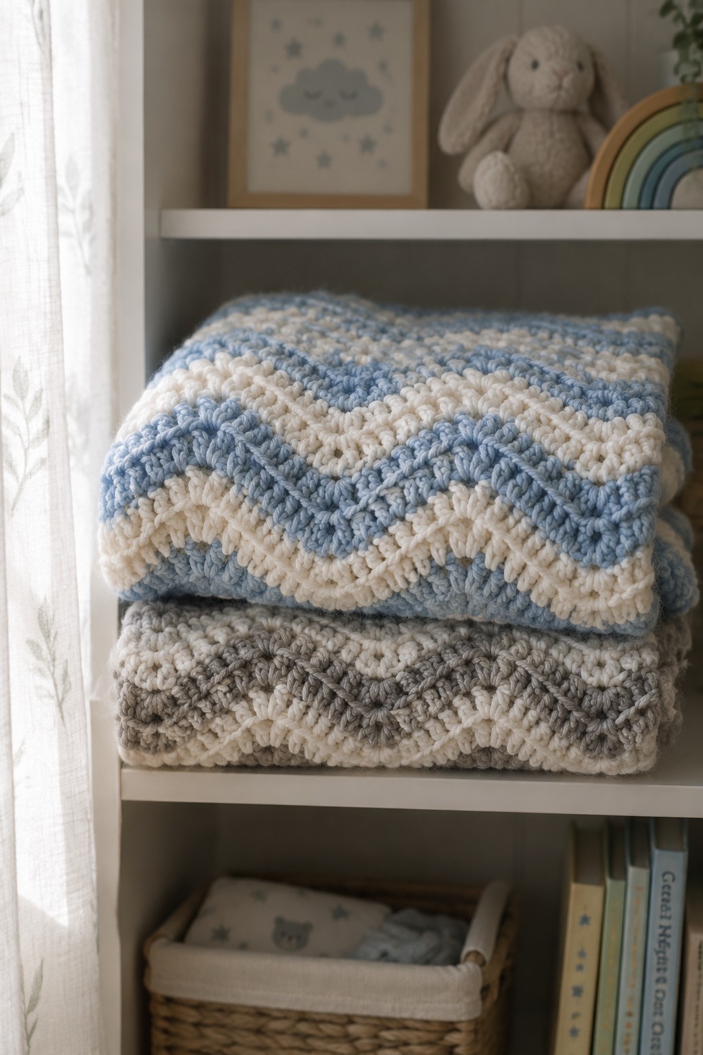 Stacked blue-white and gray crocheted blankets on nursery shelf with bunny and rainbow above