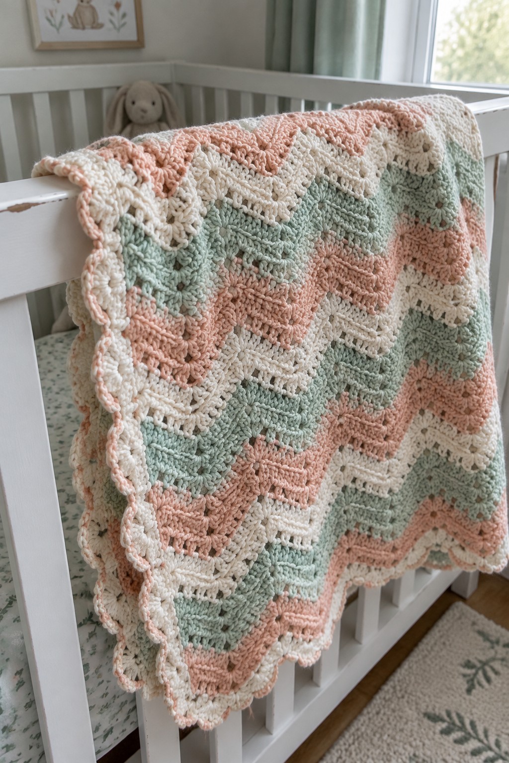 Pastel zigzag crocheted blanket draped over white crib in nursery