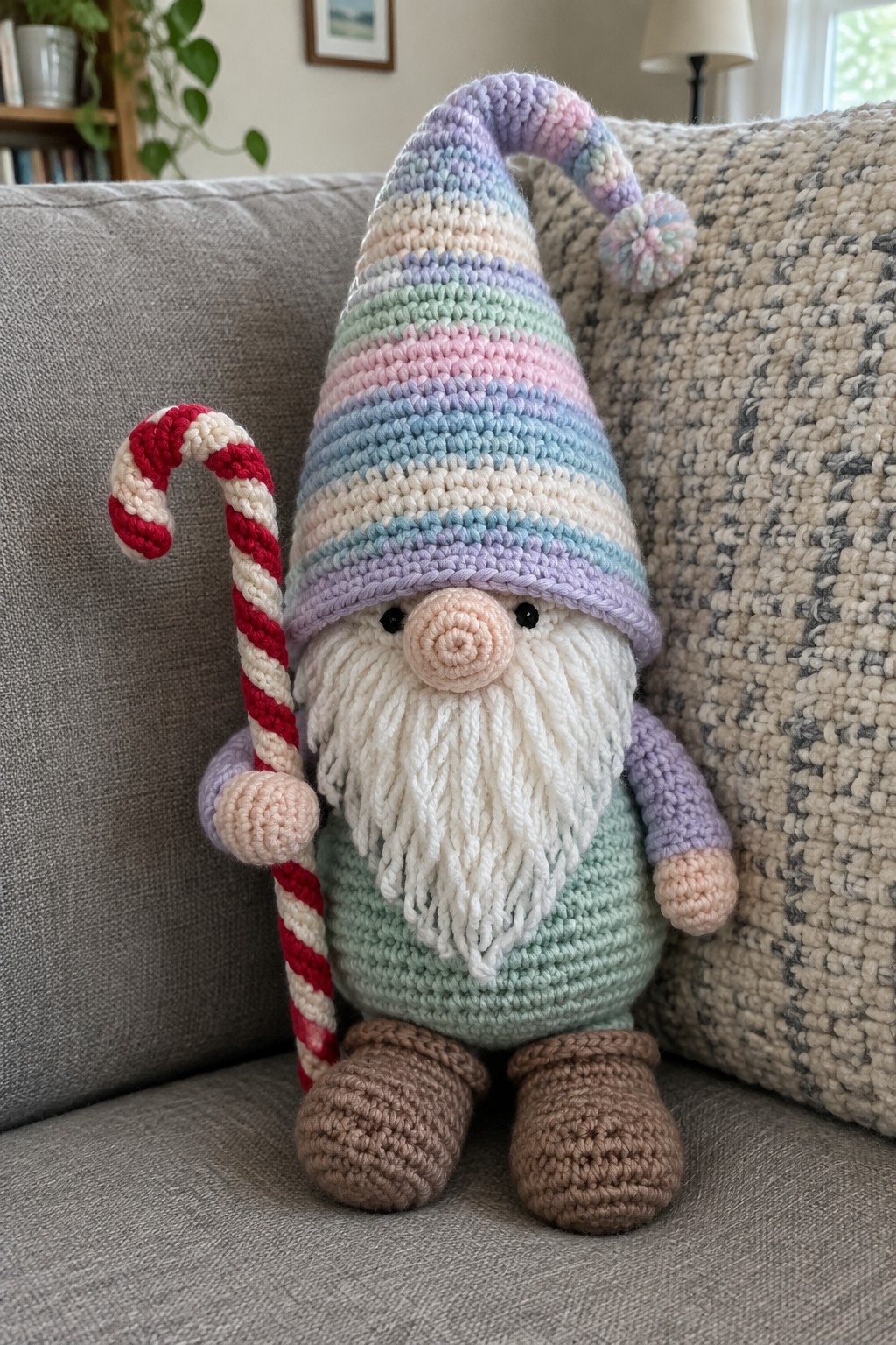 Crocheted gnome with pastel striped hat and beard holding candy cane on couch