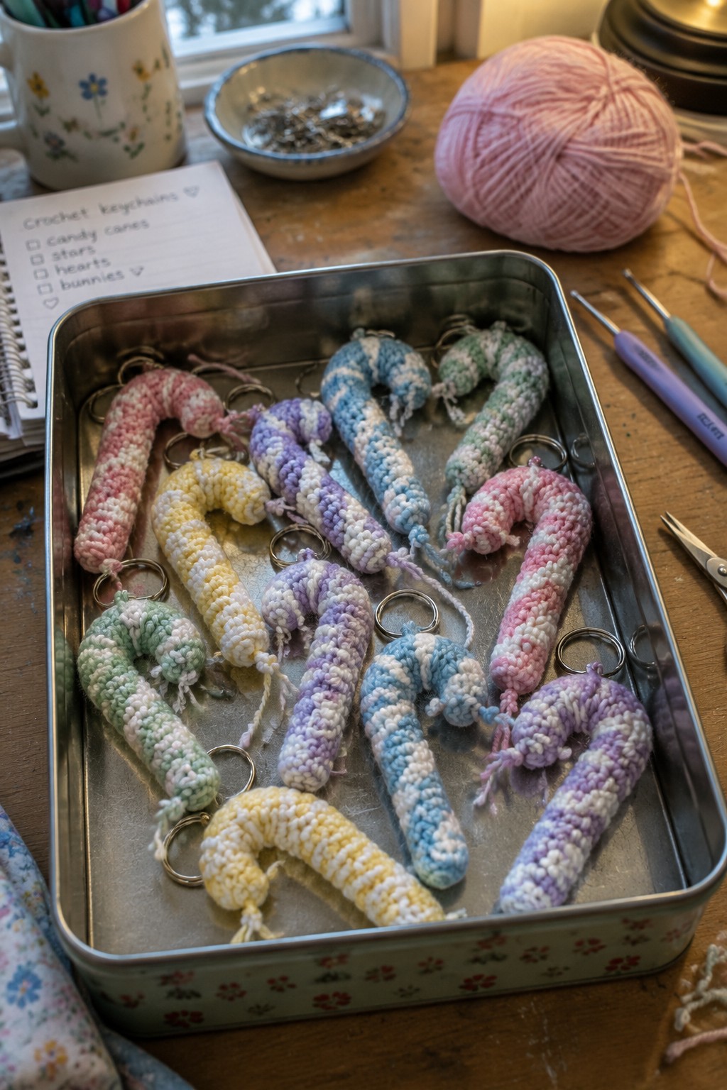 Tray of pastel crocheted candy cane keychains with yarn and hooks nearby