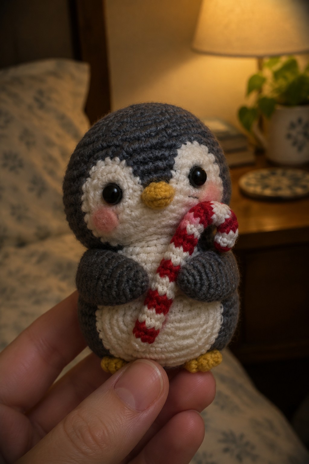 Hand holding crocheted gray penguin clutching red-and-white candy cane in bedroom