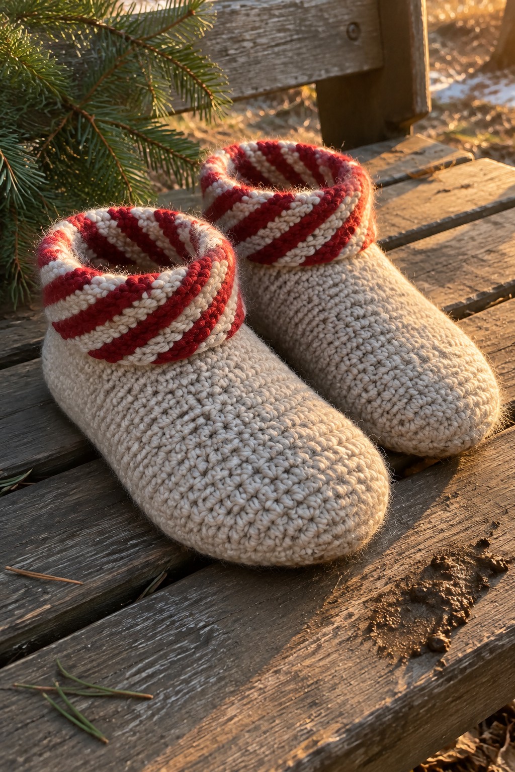 Knitted beige slippers with red and white striped cuffs on wooden bench