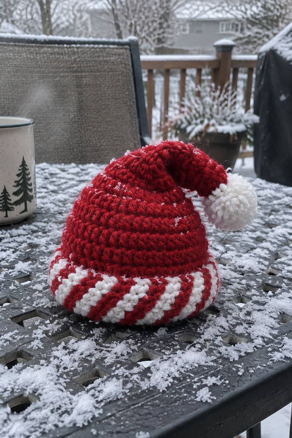 Crocheted red Santa hat with white striped brim and pom-pom on snowy table