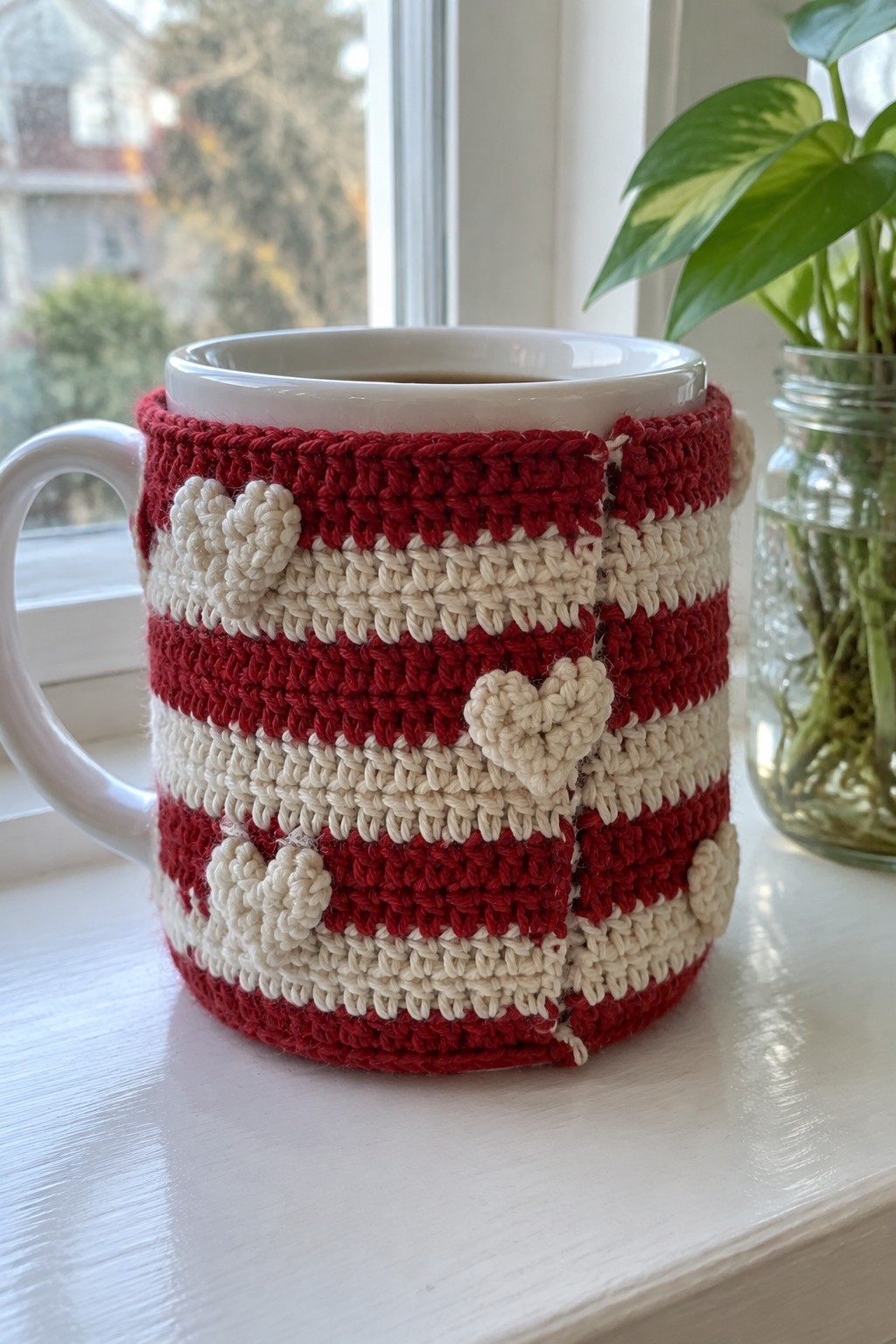Red and white crocheted cozy with hearts on white mug by window.