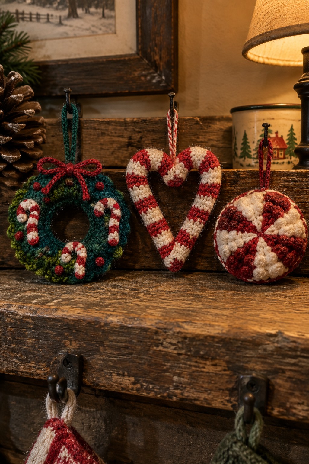 Crocheted wreath, heart, and peppermint ornaments hanging on rustic wooden hooks.