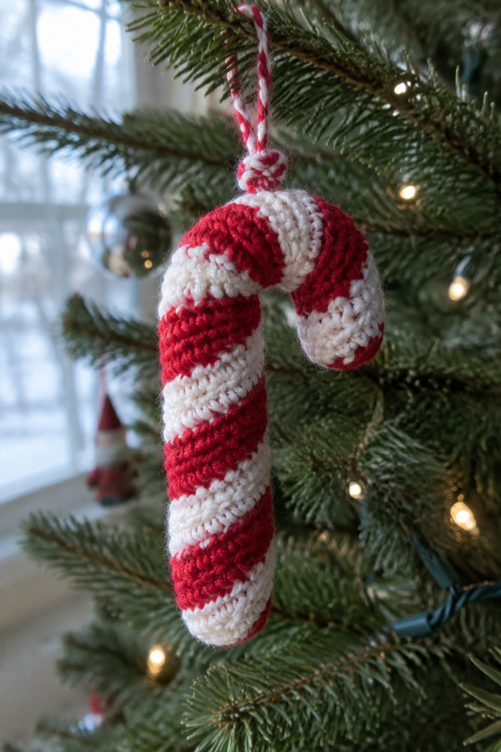 Crocheted red and white candy cane ornament hanging on Christmas tree branch