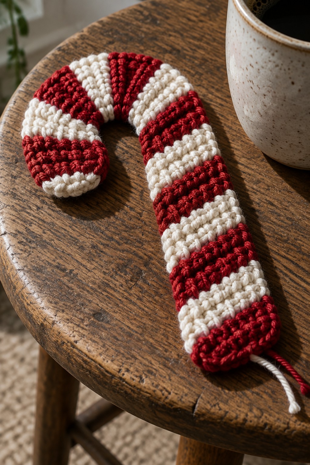 Red and white crocheted candy cane on wooden table beside speckled mug
