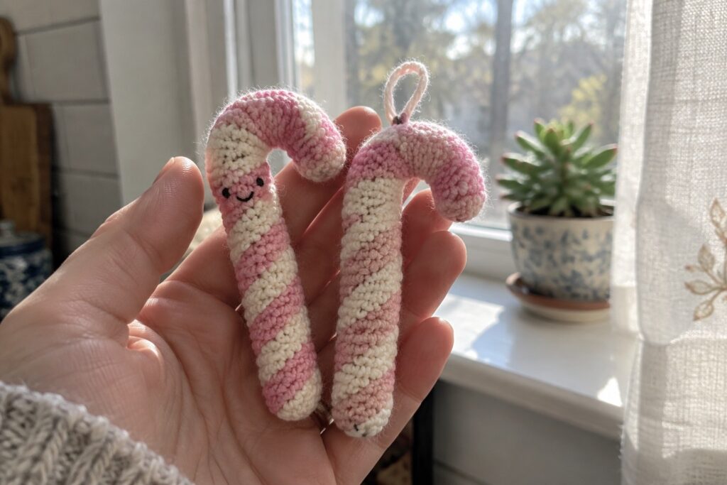 Hand holding two pink and white crocheted candy canes, one with a face.