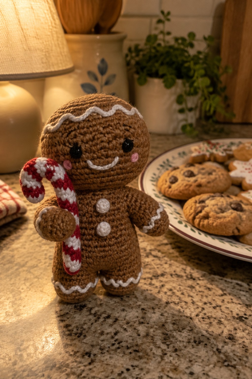 Crocheted gingerbread man holding candy cane on counter beside cookies