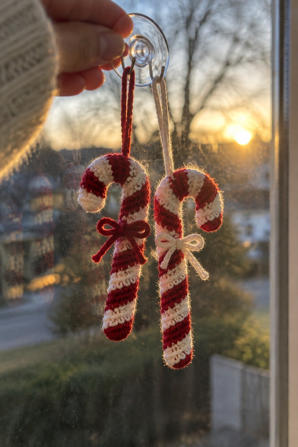 Hand holding two red-and-white crocheted candy canes on window suction cup at sunset