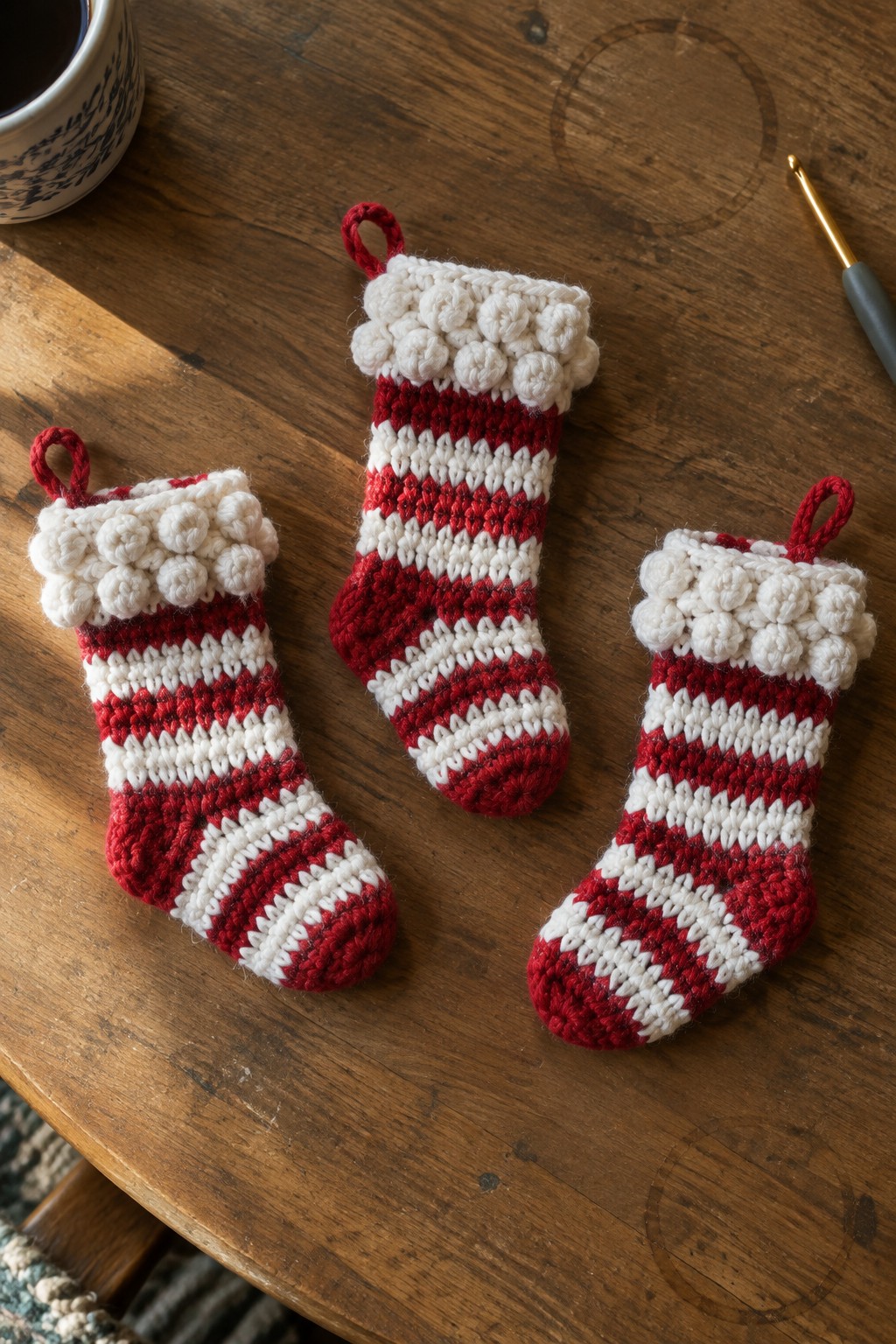 Three red and white striped crocheted Christmas stockings with pom-pom cuffs on wooden table