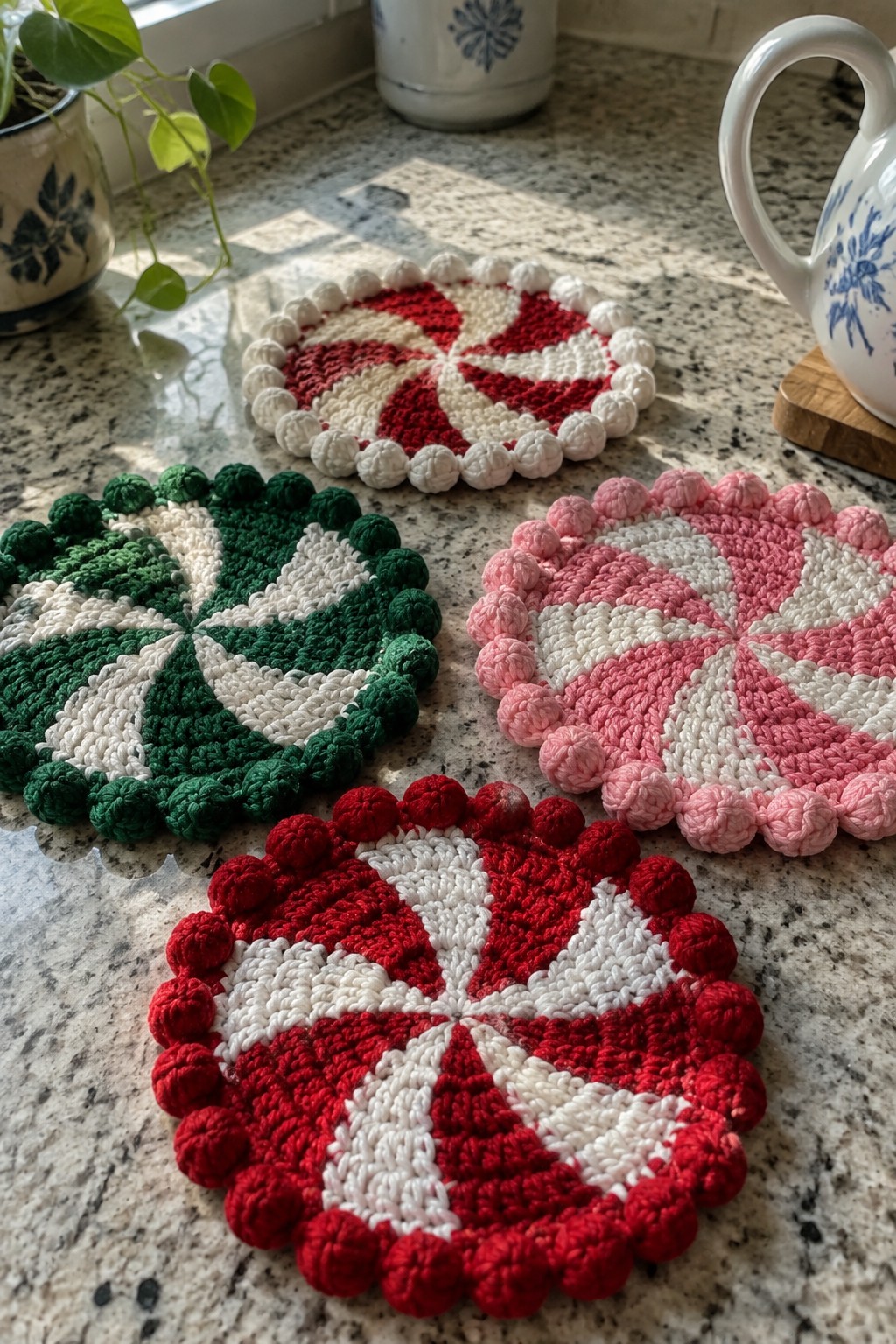 Four crocheted coasters with red, green, and pink peppermint swirl patterns rest on a granite countertop.