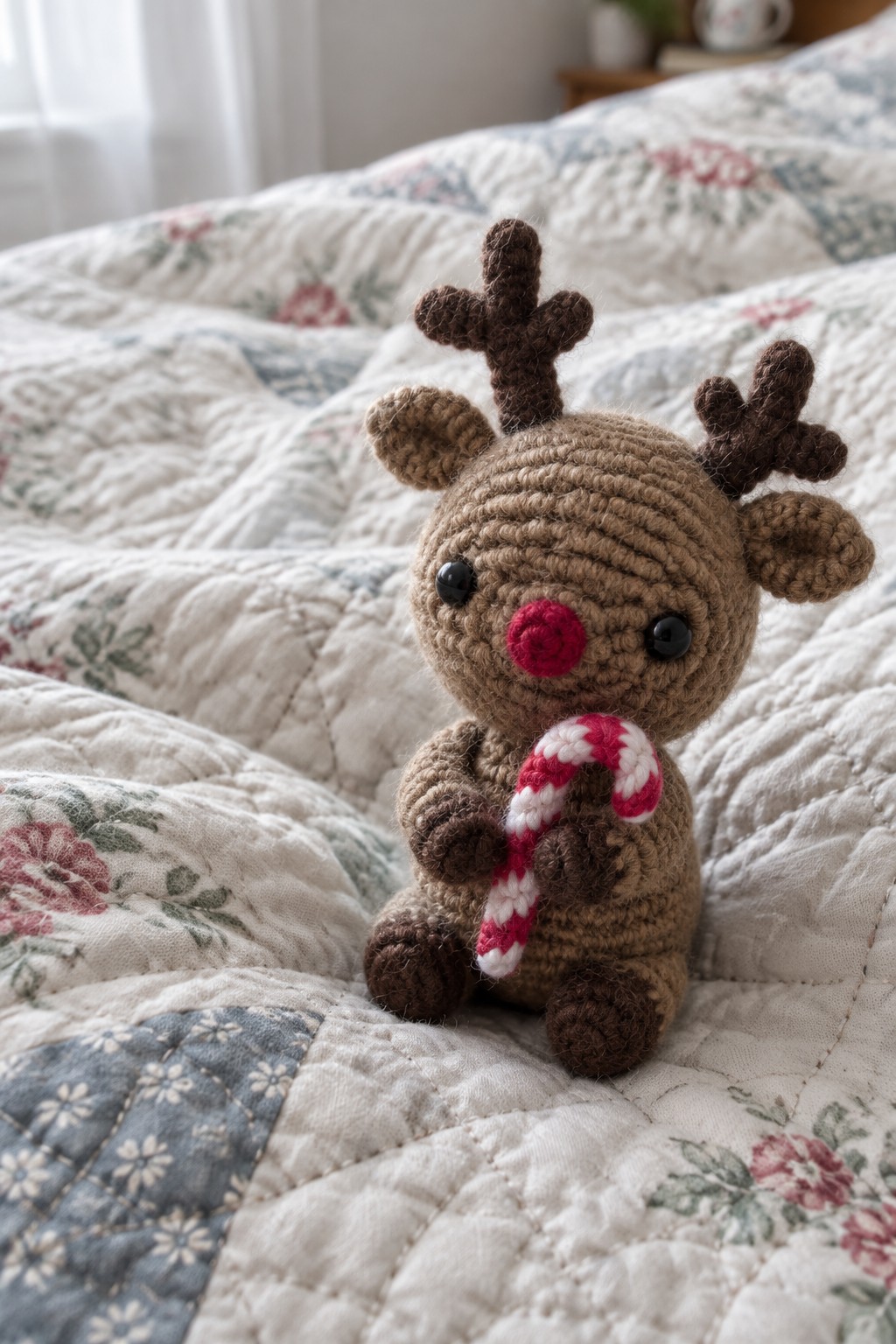 Crocheted brown reindeer with red nose holding candy cane on floral quilt
