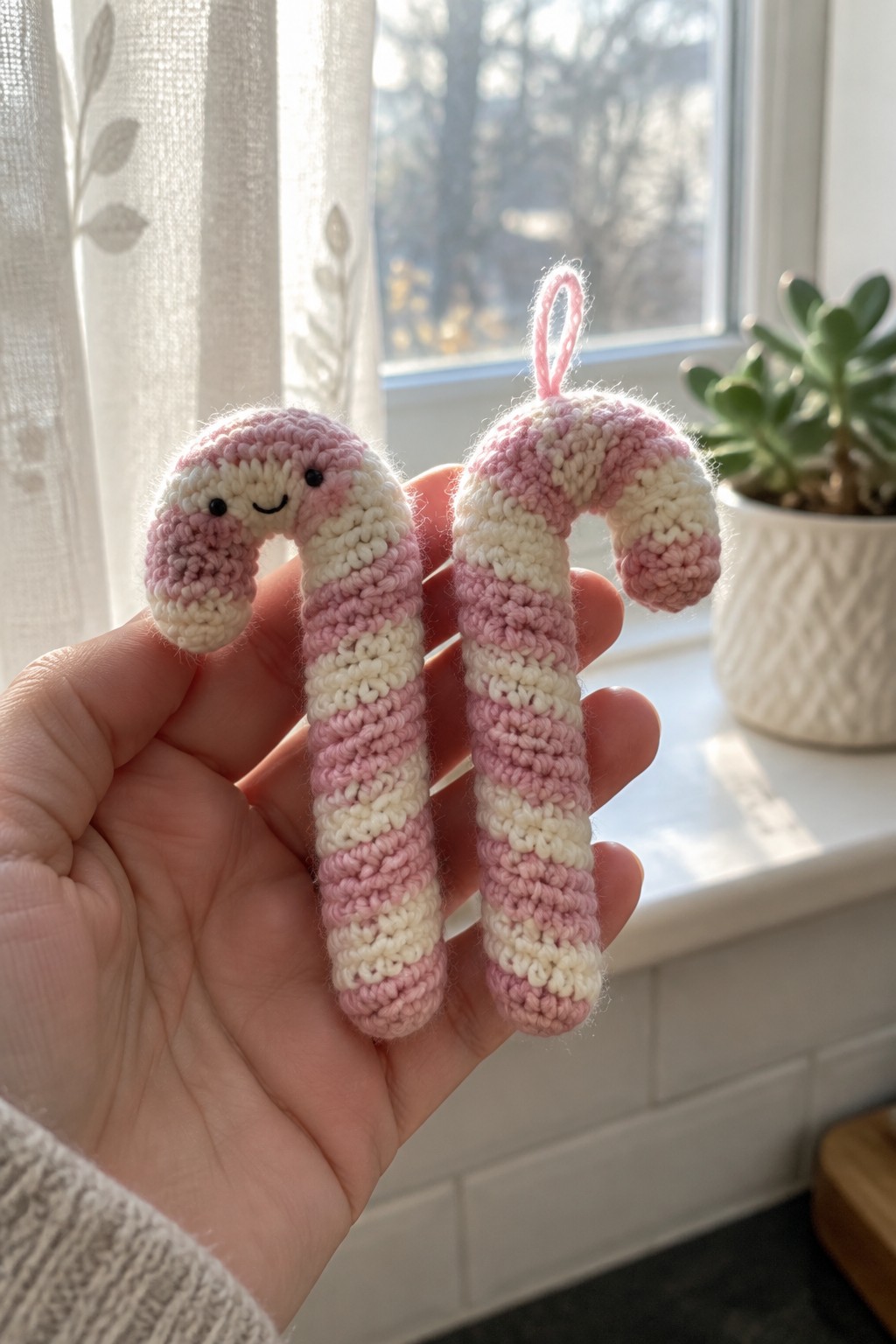 Hand holding two pink and white crocheted candy canes, one with a face.