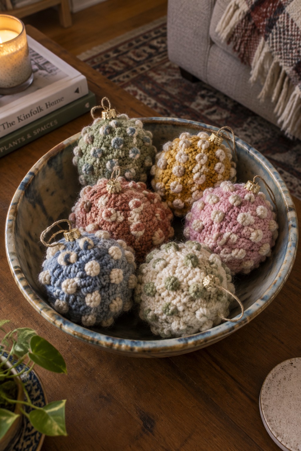 Six colorful crocheted ornaments with dotted textures in a marbled ceramic bowl