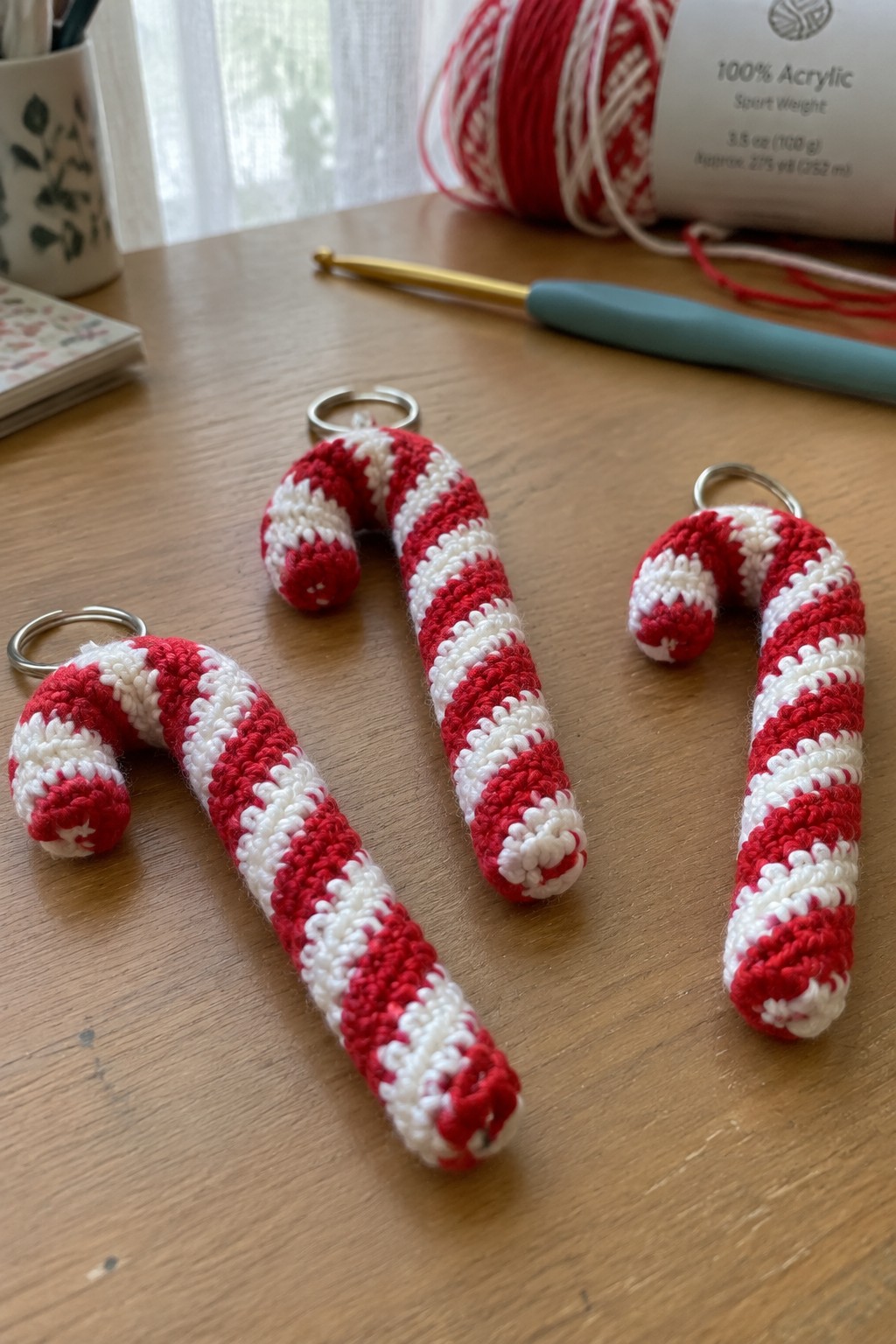 Three red-and-white crocheted candy cane keychains on wooden table with yarn and hook