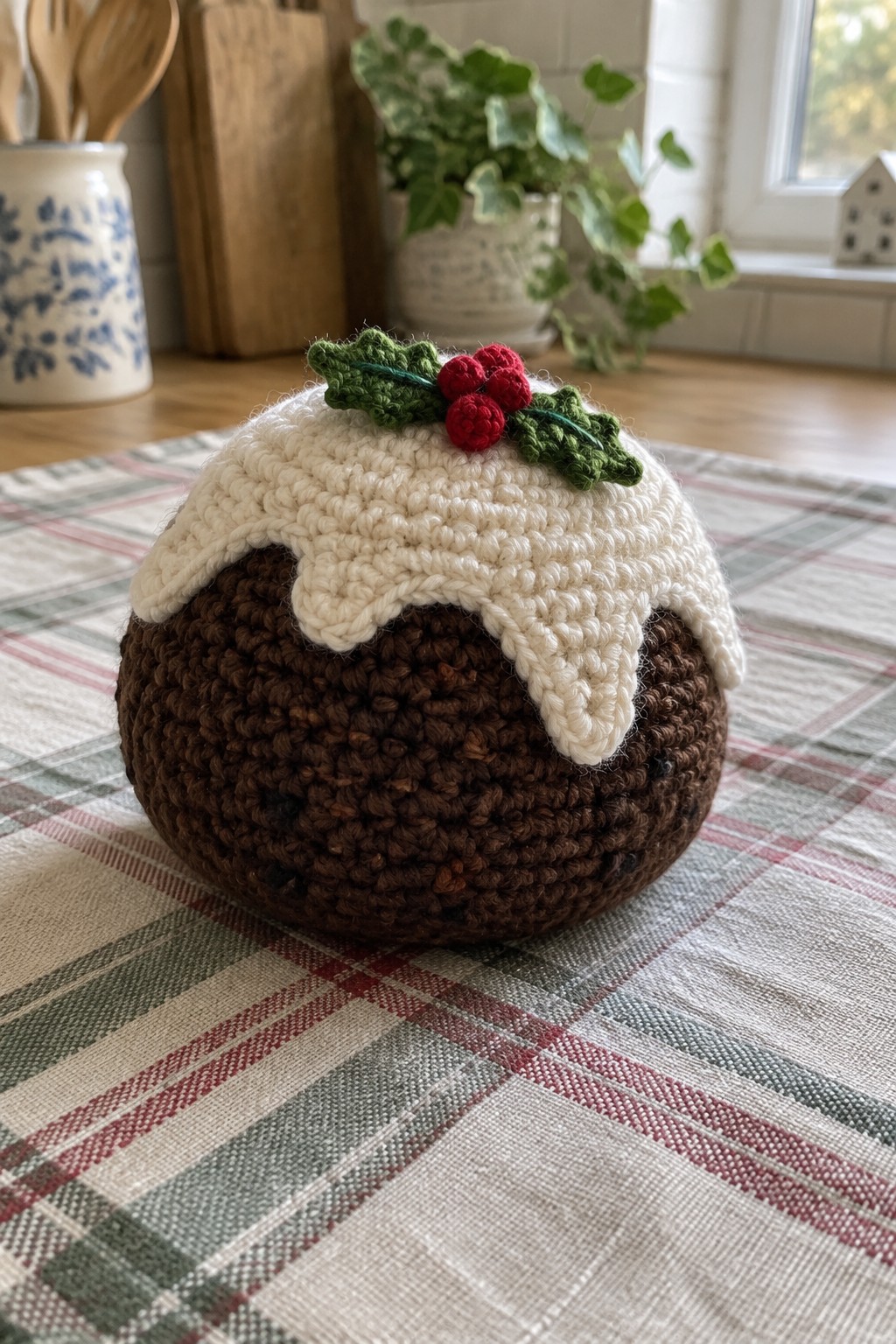 Crocheted brown Christmas pudding with white icing and holly on plaid cloth