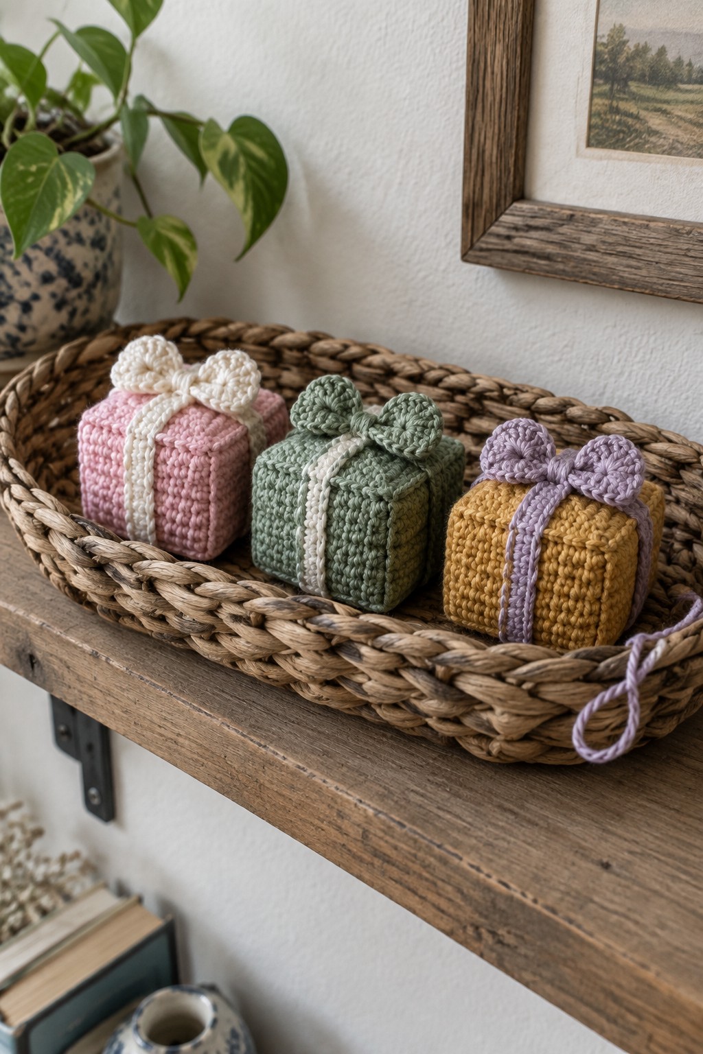 Three colorful crocheted gift boxes with bows in a woven basket on a shelf.