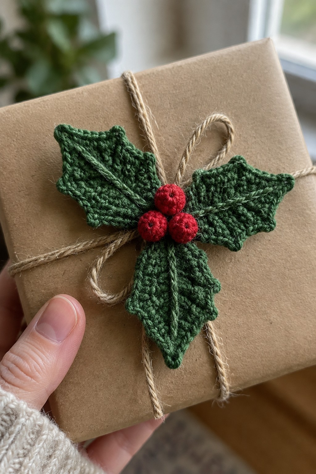 Crocheted green holly leaves with red berries tied on a brown paper gift with twine.