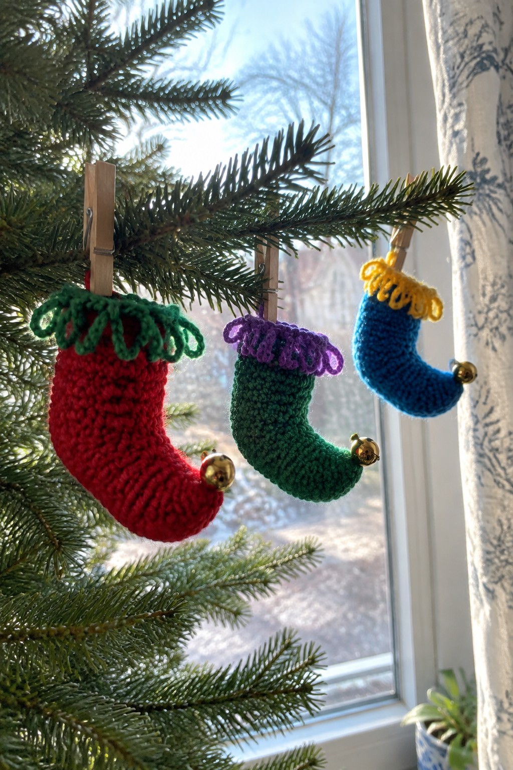 Three colorful crocheted stockings with bells clipped to a pine tree branch